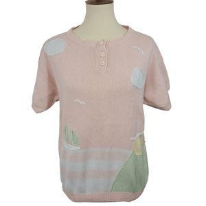Vintage Light Pink Beach Style Knit Short Sleeve Sweater Top